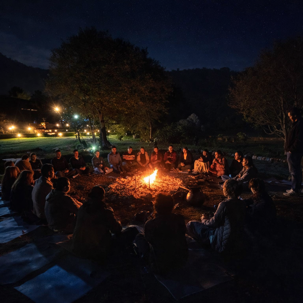 Comunidad reunida alrededor del fuego en WellNah