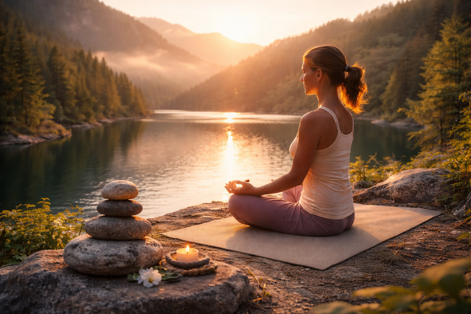 Meditacion frente a lago al amanecer